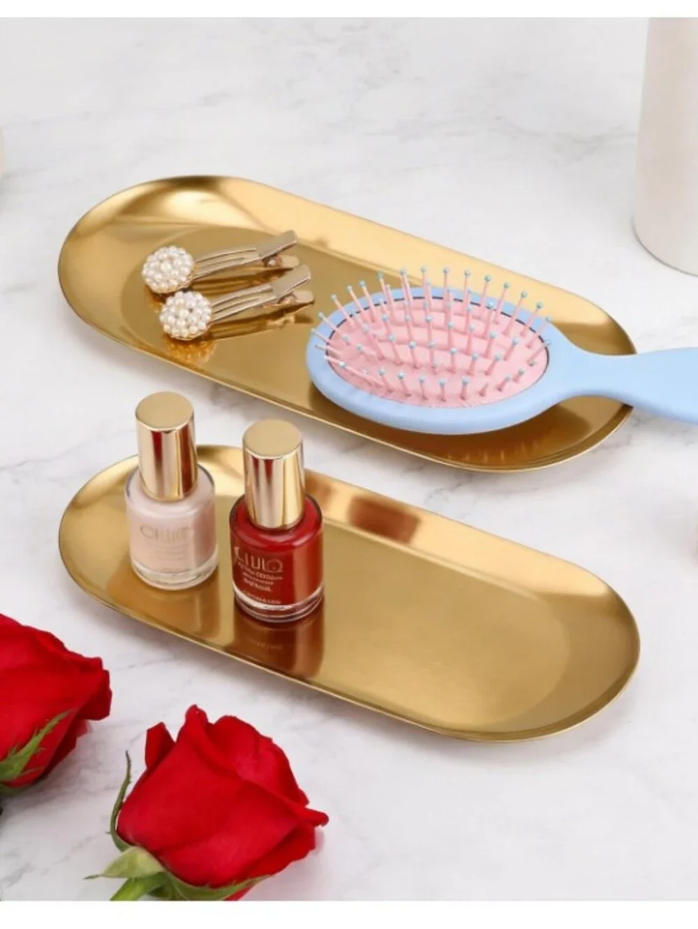 2 Pcs Gold Stainless Steel Oval Trinket Tray Towel Plate Vanity Jewelry Dish Set